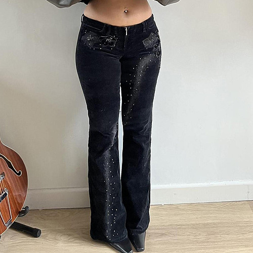 Casual Rhinestone Floral and Starry Sky Print Woven Flared Trousers MRA-43296