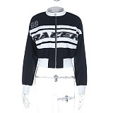 Trendy Letter Print Contrast Color Long Sleeve Stand Collar Jacket Top SUM-25259
