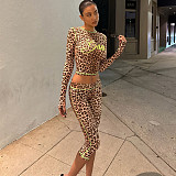 Fashionable Street Leopard Print Long-sleeved Slim-fitting Midriff-baring Pants Suit ZJQD-83878