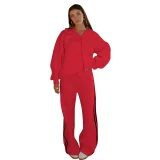 Casual Loose Solid Color Hooded Zipper Cardigan Women's Drawstring Trousers Suit