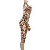 Fashionable Street Leopard Print Long-sleeved Slim-fitting Midriff-baring Pants Suit ZJQD-83878
