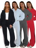 Casual Loose Solid Color Hooded Zipper Cardigan Women's Drawstring Trousers Suit