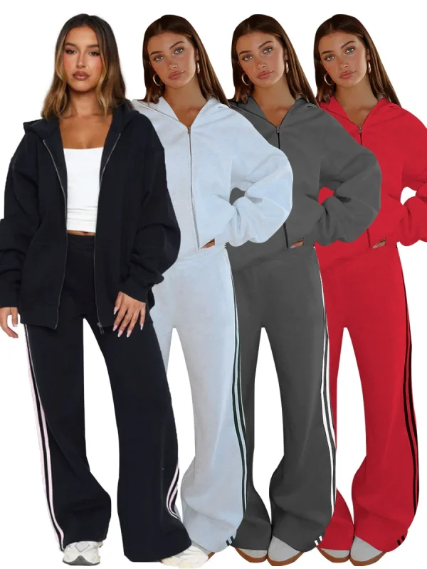 Casual Loose Solid Color Hooded Zipper Cardigan Women's Drawstring Trousers Suit