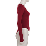 Solid Color Design V-neck Slim Long-sleeved Jumpsuit T-shirt Top MRA-42832