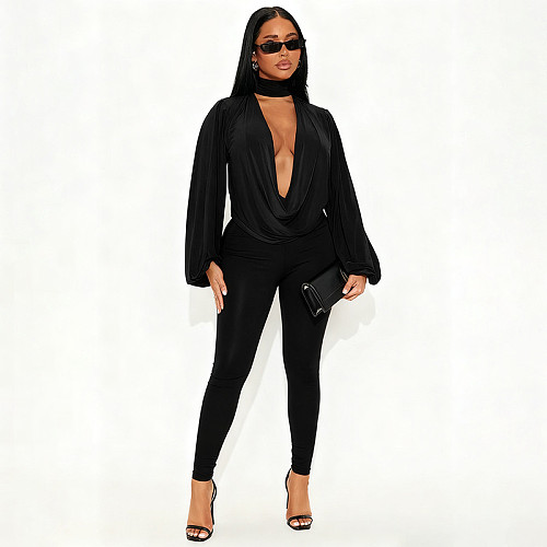 Deep V-neck Halterneck Loose Long-sleeved Solid Color Top and Leggings Suit XYWL-25ST352