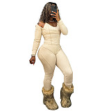 Autumn and Winter Threaded Halter Top U-neck Long-sleeved Line Trousers Three-piece Set XYWL-25ST348