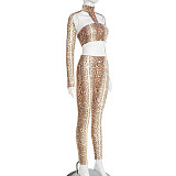High Collar Halter Neck Shawl Tube Top Snake Print Printed Navel Cropped Pants Suit XYWL-25ST344