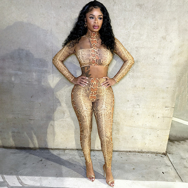 High Collar Halter Neck Shawl Tube Top Snake Print Printed Navel Cropped Pants Suit XYWL-25ST344