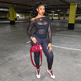 Sexy Street Mesh Long-sleeved Top and Tight Pants Suit ZJQD-83061