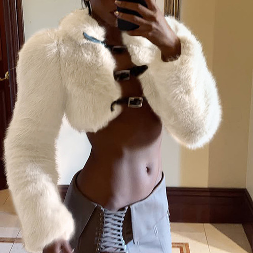 Hot and Cool Style Faux Mink Fur Metal Buckle Collar Short Plush Top Jacket MRA-42172