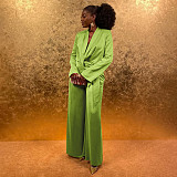 Solid Color Suit Collar Lace-up Top Cardigan Wide-leg Pants Suit YF-10902