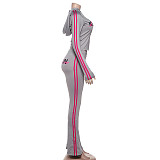 Fashionable Hooded Zipper Personalized Printed Sports Trendy Slim Trousers Suit SXE-82989