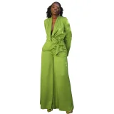 Solid Color Suit Collar Lace-up Top Cardigan Wide-leg Pants Suit YF-10902