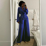 Solid Color Suit Collar Lace-up Top Cardigan Wide-leg Pants Suit YF-10902