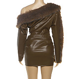 Fashionable Street Trend Leather Fur Collar Splicing Slope Neck Dress ZJQD-81955
