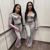 Fashionable Hooded Zipper Personalized Printed Sports Trendy Slim Trousers Suit SXE-82989