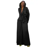 Solid Color Suit Collar Lace-up Top Cardigan Wide-leg Pants Suit YF-10902