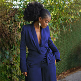 Solid Color Suit Collar Lace-up Top Cardigan Wide-leg Pants Suit YF-10902