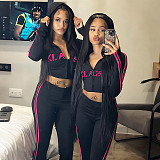 Fashionable Hooded Zipper Personalized Printed Sports Trendy Slim Trousers Suit SXE-82989