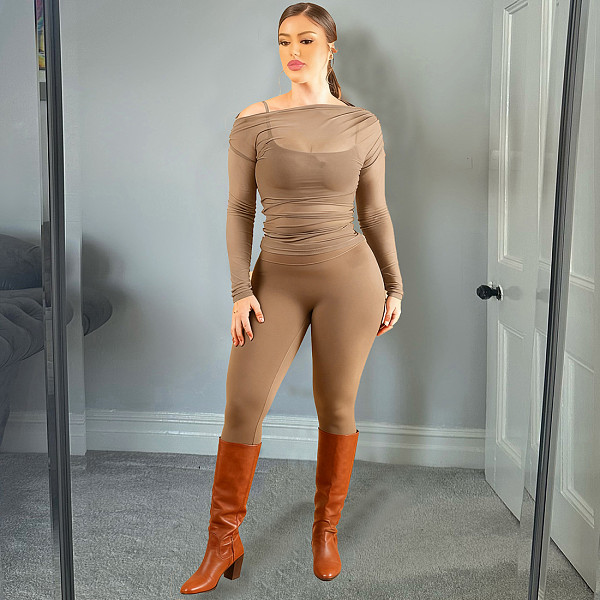 Sexy Street Mesh Long-sleeved Top and Tight Pants Suit ZJQD-83061