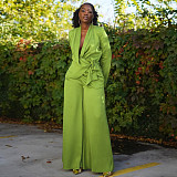 Solid Color Suit Collar Lace-up Top Cardigan Wide-leg Pants Suit YF-10902