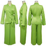 Solid Color Suit Collar Lace-up Top Cardigan Wide-leg Pants Suit YF-10902
