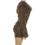 Fashionable Street Trend Leather Fur Collar Splicing Slope Neck Dress ZJQD-81955
