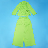Solid Color Suit Collar Lace-up Top Cardigan Wide-leg Pants Suit YF-10902