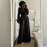 Solid Color Suit Collar Lace-up Top Cardigan Wide-leg Pants Suit YF-10902