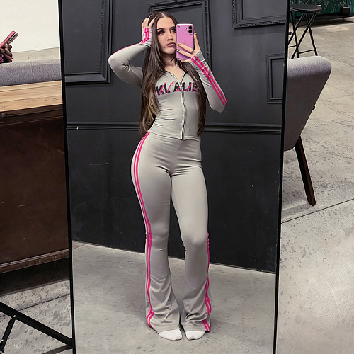 Fashionable Hooded Zipper Personalized Printed Sports Trendy Slim Trousers Suit SXE-82989