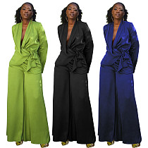 Solid Color Suit Collar Lace-up Top Cardigan Wide-leg Pants Suit YF-10902