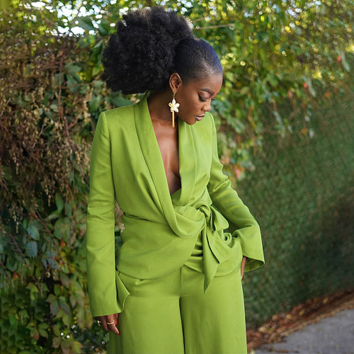 Solid Color Suit Collar Lace-up Top Cardigan Wide-leg Pants Suit YF-10902