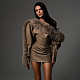 Fashionable Street Trend Leather Fur Collar Splicing Slope Neck Dress ZJQD-81955