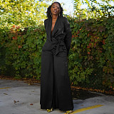 Solid Color Suit Collar Lace-up Top Cardigan Wide-leg Pants Suit YF-10902