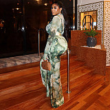 Casual High-neck Printed Wrap Waist Slim Pleated Long Skirt Set JY-1750