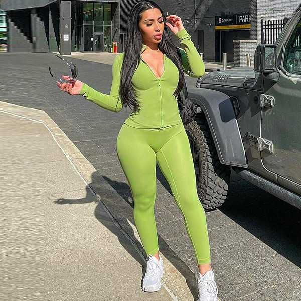 Solid Color Zipper Stand Collar Sports Jacket Fitness Yoga Wear Trousers Set JY-7051