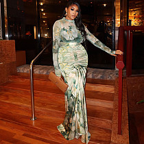 Casual High-neck Printed Wrap Waist Slim Pleated Long Skirt Set JY-1750