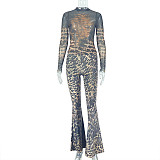 Stylish Leopard Print Long-sleeved Turtleneck Top and Trousers Two-piece Set JY-9098