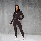 Solid Color Zipper Stand Collar Sports Jacket Fitness Yoga Wear Trousers Set JY-7051