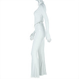Solid Color Slim Fit Pleated Zipper Long-sleeved Stand-up Collar Cropped Trousers Set JY-9089