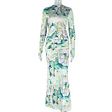 Casual High-neck Printed Wrap Waist Slim Pleated Long Skirt Set JY-1750