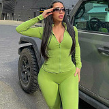 Solid Color Zipper Stand Collar Sports Jacket Fitness Yoga Wear Trousers Set JY-7051