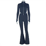 Solid Color Slim Fit Pleated Zipper Long-sleeved Stand-up Collar Cropped Trousers Set JY-9089
