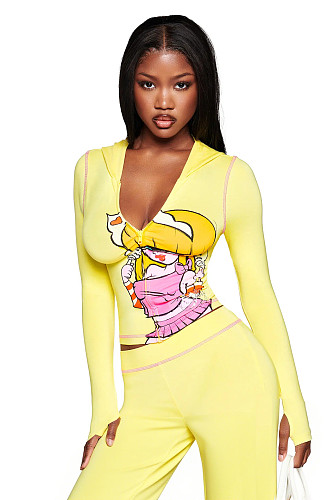 Casual Printed Hooded Zip-up Jacket and Low-waisted Trousers Tracksuit XS-1162