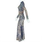 Stylish Leopard Print Long-sleeved Turtleneck Top and Trousers Two-piece Set JY-9098