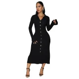 Fashionable Women's V-neck Solid Color Long Skirt Single-breasted Long-sleeved Dress YF-10913
