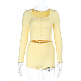 Sexy Solid Color U-neck Long-sleeved Top and Shorts Set SUM-25190