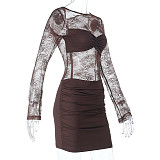 Sexy Lace Backless Long-sleeved Bodycon Mini Dress SUM-25459