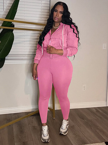 Zipper Hooded Top Fleece Yoga Pants Two-piece Sport Casual Outfit CH-25089