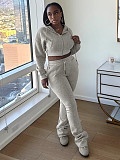 Women Fleece Hoodie Hooded Cardigan Slimming Stacked Slightly Flared Pants Two Pieces CH-25057